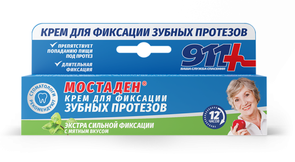Изображение товара 911 Мостаден крем для фиксации зубных протезов Экстрасильной Фиксации с мятным вкусом 40мл 911 Мостаден крем для фиксации зубных протезов Экстрасильной Фиксации с мятным вкусом 40мл фотография